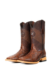 The Andersen Python Exotic cowboy boots are genuine leather, featuring a square toe, brown python print vamp, brown shaft with tan embroidery, rubber heel, and a leather sole.