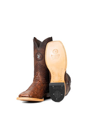 View of the Andersen Python Exotic cowboy boots are genuine leather, featuring a square toe, brown python print vamp, brown shaft with tan embroidery, rubber heel, and a leather sole.