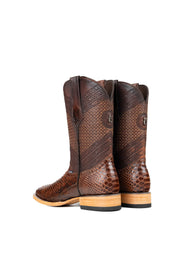 Back view of the Andersen Python Exotic cowboy boots are genuine leather, featuring a square toe, brown python print vamp, brown shaft with tan embroidery, rubber heel, and a leather sole.