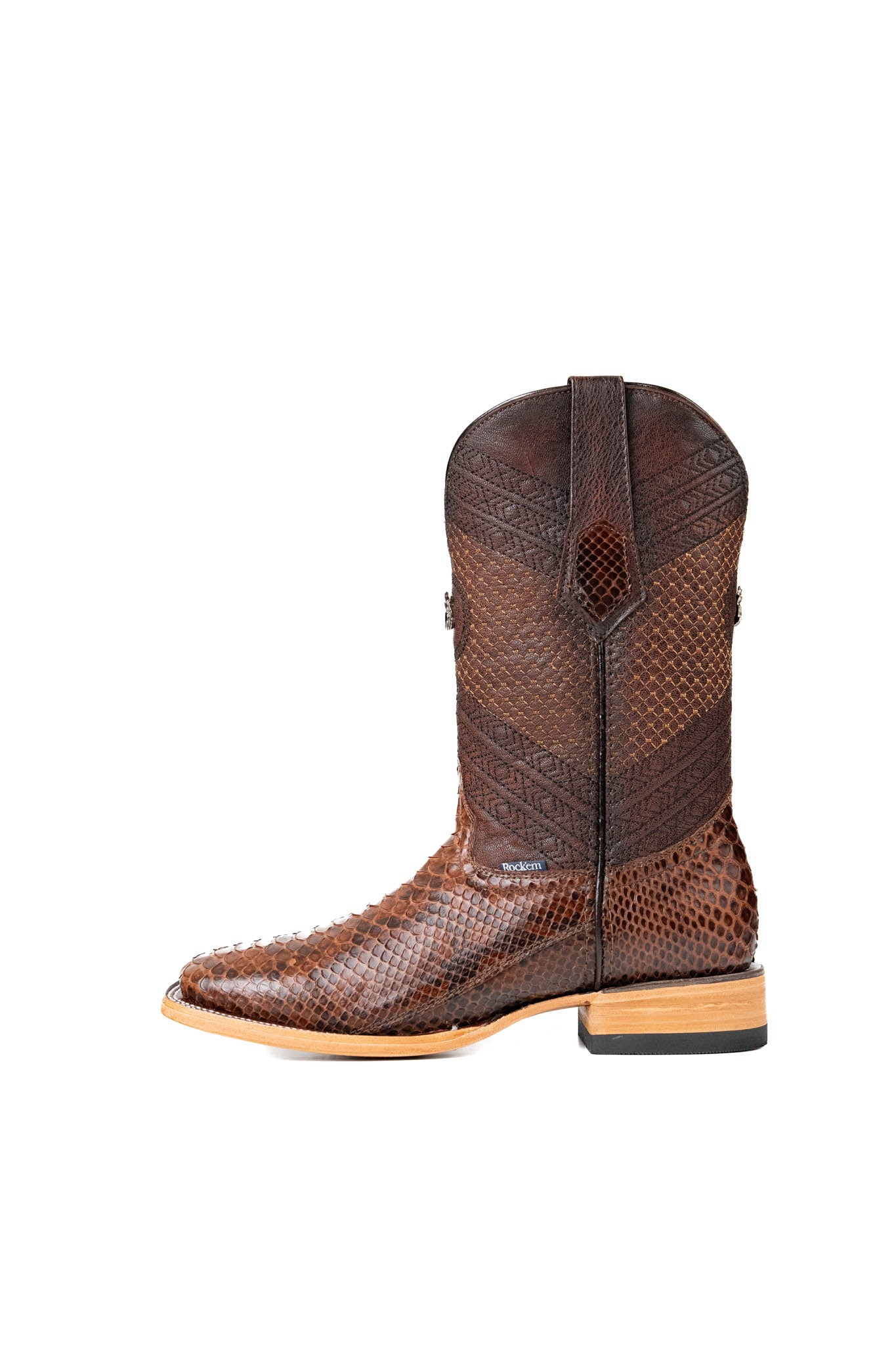 Side view of the Andersen Python Exotic cowboy boots are genuine leather, featuring a square toe, brown python print vamp, brown shaft with tan embroidery, rubber heel, and a leather sole.