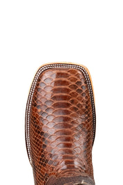 Top-down close-up of Andersen python exotic cowboy boot vamp, showcasing the brown python print scale, double stitching and square toe.