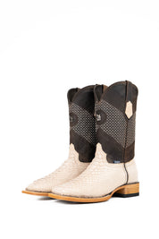 The Andersen Python Exotic cowboy boots are genuine leather, featuring a square toe, python print vamp, brown shaft with white embroidery, rubber heel, and a leather sole.