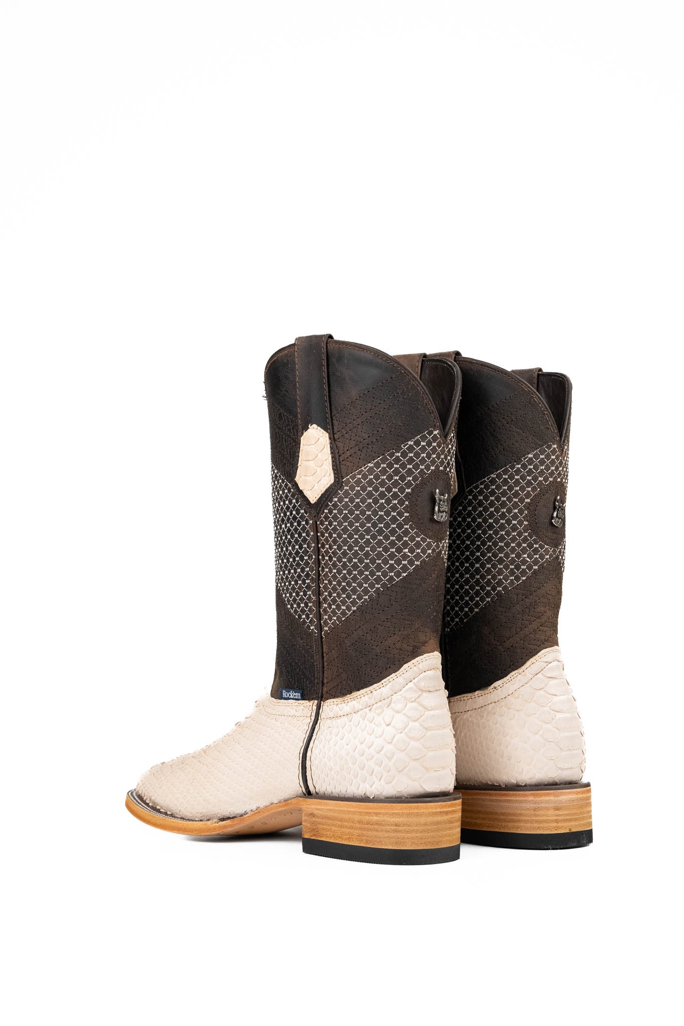 Back view of the Andersen Python Exotic cowboy boots are genuine leather, featuring a square toe, python print vamp, brown shaft with white embroidery, rubber heel, and a leather sole.