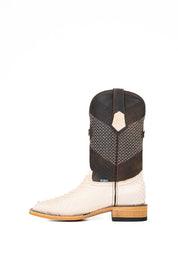 Side view of the Andersen Python Exotic cowboy boots are genuine leather, featuring a square toe, python print vamp, brown shaft with white embroidery, rubber heel, and a leather sole.