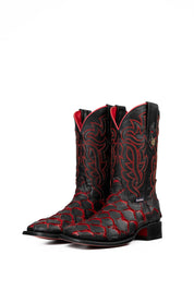 The Bruce Jumbo Fish boot features a red and black Pirarucu fish print vamp, a black leather shaft with red embroidery, a square toe, and black sole.
