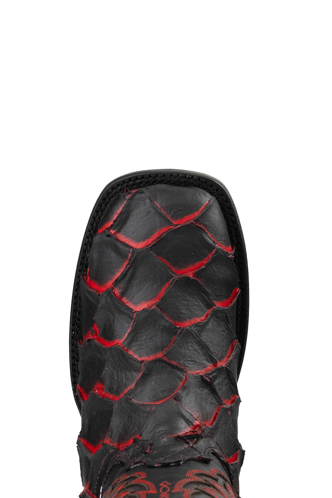 Top-down close-up of black Bruce Jumbo Fish boot vamp, showcasing the red tone under the python print scale detail, double stitching and square toe.