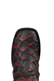 Top-down close-up of black Bruce Jumbo Fish boot vamp, showcasing the red tone under the python print scale detail, double stitching and square toe.