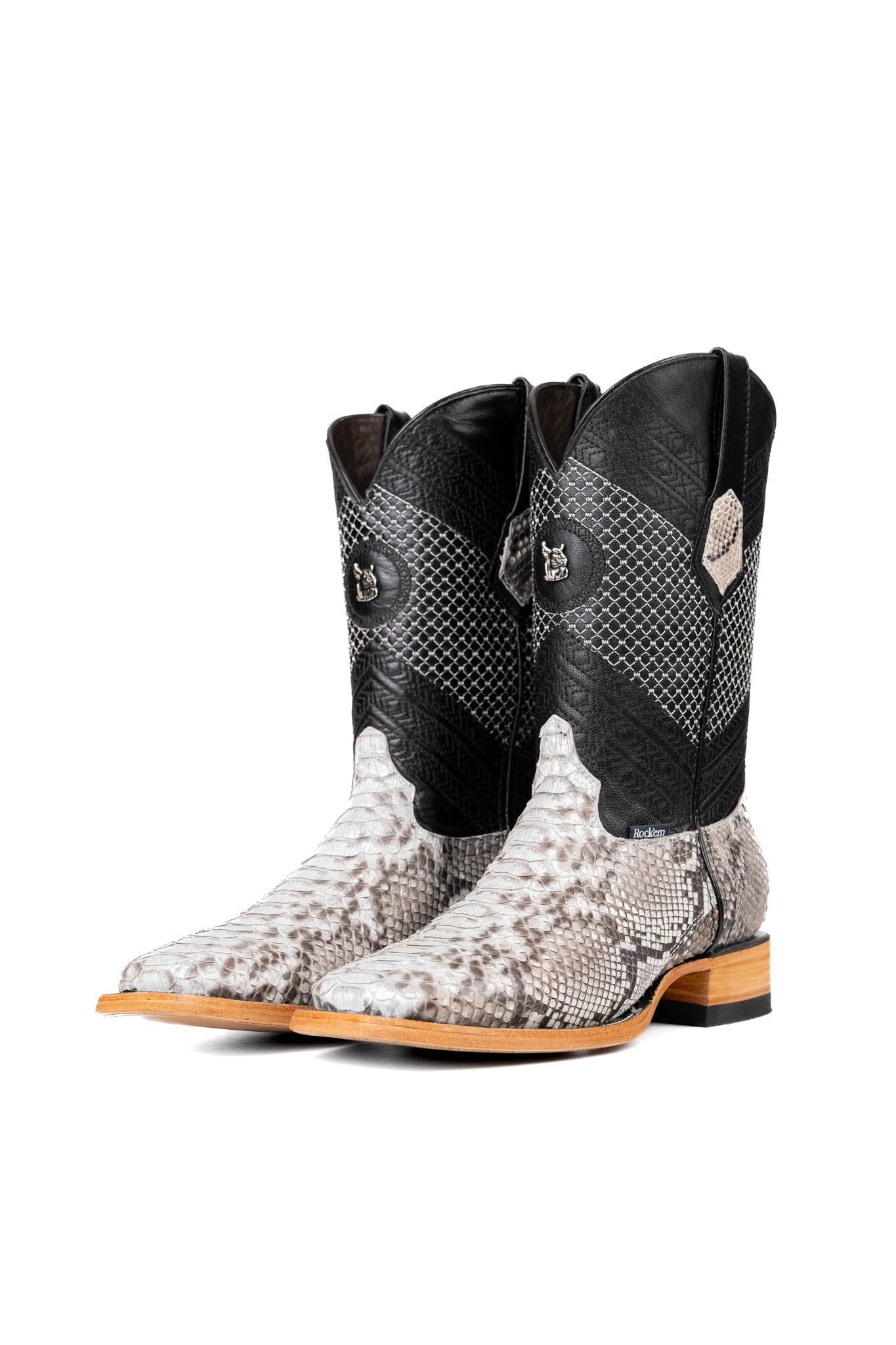 The Andersen Python Exotic cowboy boots are genuine leather, featuring a square toe, white python print vamp, black shaft with tan embroidery, rubber heel, and a leather sole.