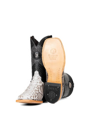 View of the Andersen Python Exotic cowboy boots are genuine leather, featuring a square toe, white python print vamp, black shaft with tan embroidery, rubber heel, and a leather sole.
