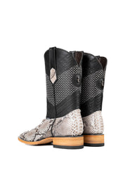 Back view of the Andersen Python Exotic cowboy boots are genuine leather, featuring a square toe, white python print vamp, black shaft with tan embroidery, rubber heel, and a leather sole.