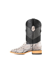 Side view of the Andersen Python Exotic cowboy boots are genuine leather, featuring a square toe, white python print vamp, black shaft with tan embroidery, rubber heel, and a leather sole.