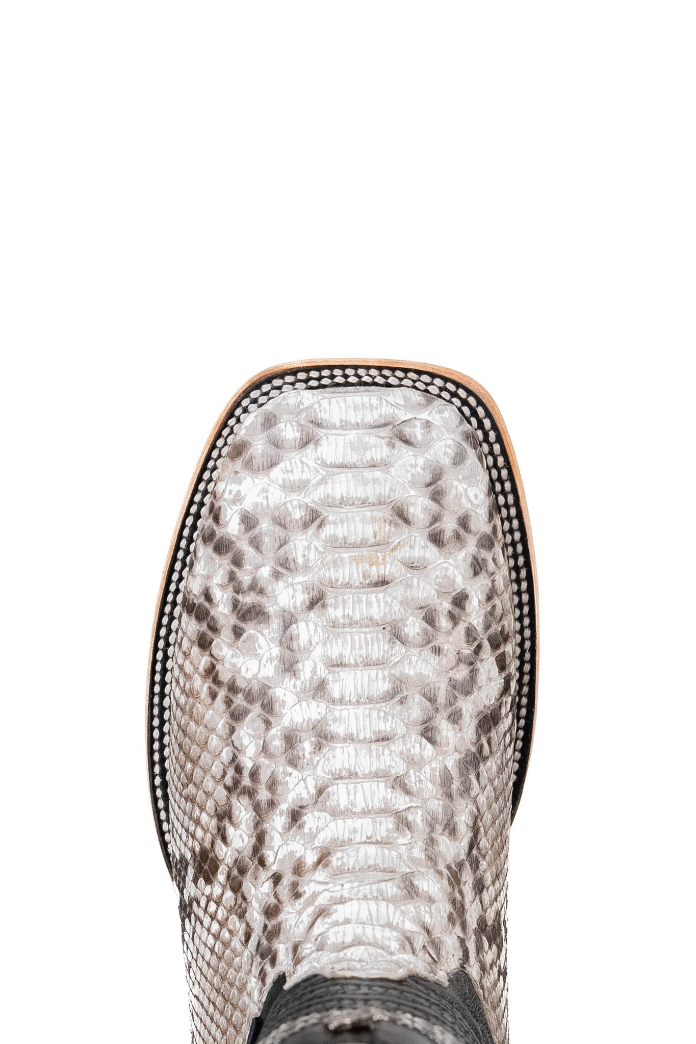 Top-down close-up of Andersen python exotic cowboy boot vamp, showcasing the natural python print scale, double stitching and square toe.