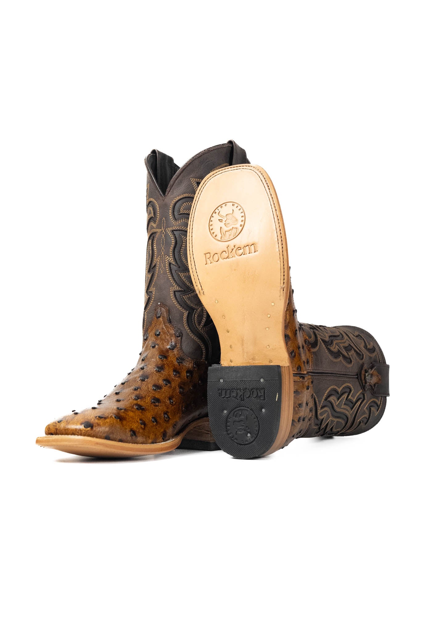 The Ostrich Clone boots have a bumpy brown vamp, a dark brown shaft with flame-like inlays, a square toe, and a sturdy leather sole with a rubber heel.