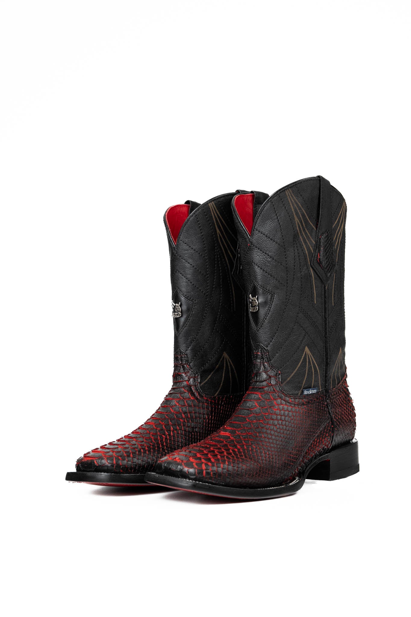 The Python Exotic cowboy boots in Red/black are genuine leather, featuring a square toe, python print vamp, embroidery shaft, rubber heel, and a red sole.