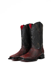 The Python Exotic cowboy boots in Red/black are genuine leather, featuring a square toe, python print vamp, embroidery shaft, rubber heel, and a red sole.