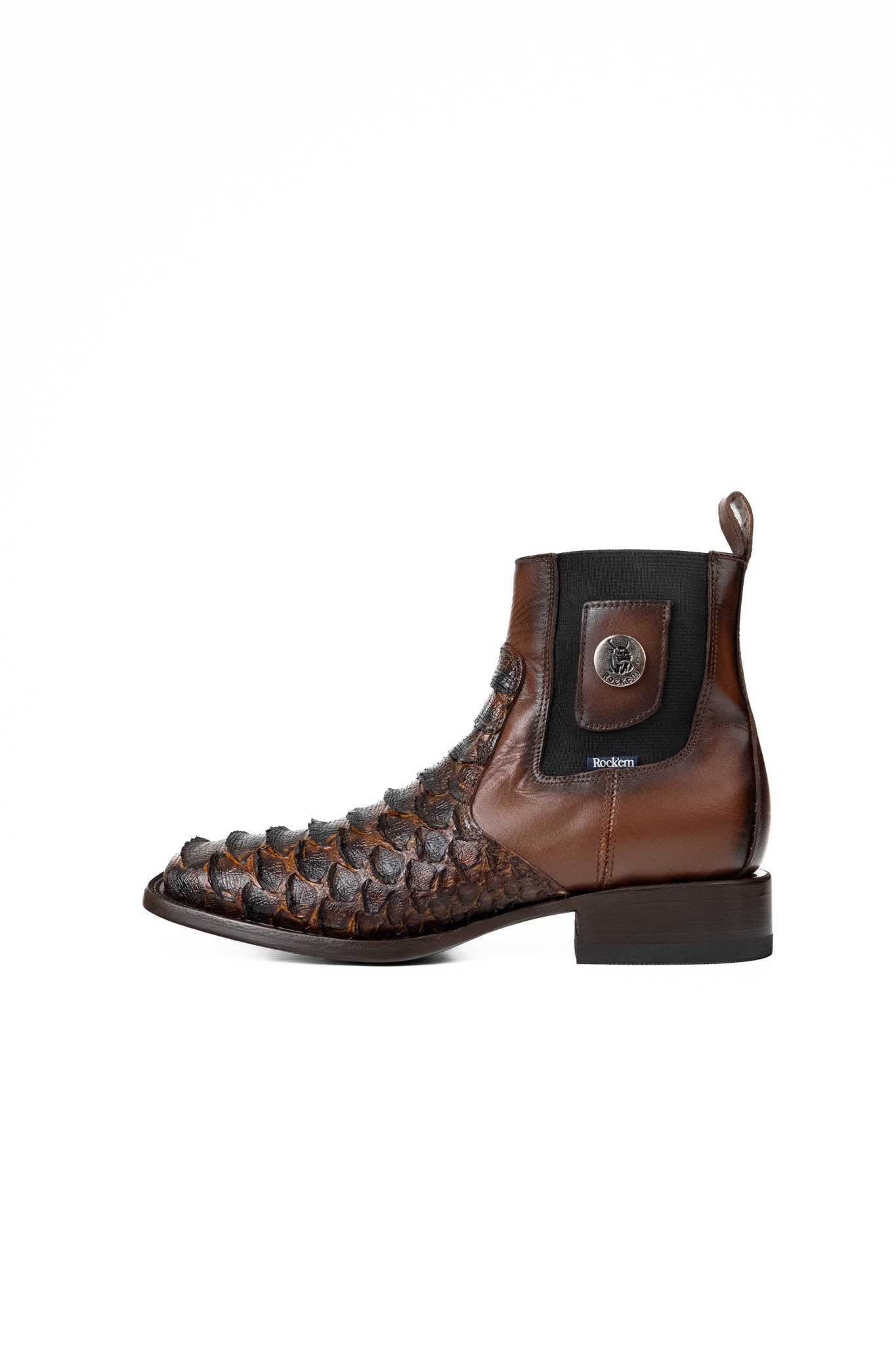 Side view of the Rock'em clan python boots in honey are genuine leather. Featuring a square toe, brown python print vamp, rubber heel, and a leather sole.
