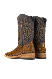 The Ostrich Clone boots have a bumpy brown vamp, a dark brown shaft with flame-like inlays, a square toe, and a sturdy leather sole with a rubber heel.