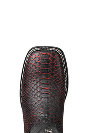 Top-down close-up of python exotic cowboy boot vamp, showcasing the black red tone under the python print scale, double stitching and square toe.