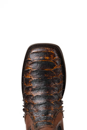 Top-down close-up of Rock'em python cowboy boot in honey showcasing the honey and black python print scale vamp, double stitching and square toe.