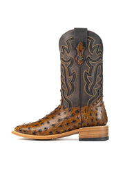 The Ostrich Clone boots have a bumpy brown vamp, a dark brown shaft with flame-like inlays, a square toe, and a sturdy leather sole with a rubber heel.