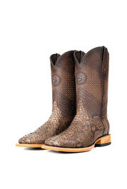 The Andersen Python Exotic cowboy boots are genuine leather, featuring a square toe, tan python print vamp, brown shaft with tan embroidery, rubber heel, and a leather sole.
