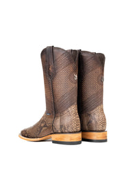 Back view of the Andersen Python Exotic cowboy boots are genuine leather, featuring a square toe, tan python print vamp, brown shaft with tan embroidery, rubber heel, and a leather sole.