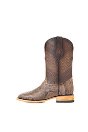 Side view of the Andersen Python Exotic cowboy boots are genuine leather, featuring a square toe, tan python print vamp, brown shaft with tan embroidery, rubber heel, and a leather sole.
