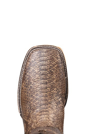 Top-down close-up of Andersen python exotic cowboy boot vamp, showcasing the cameleon python print scale, double stitching and square toe.