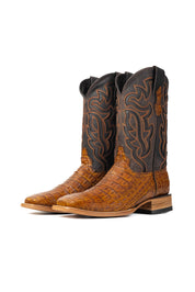 The buttercup Cody Caiman cowboy boots are genuine leather, featuring a square toe, caiman print vamp, buttercup embroidery shaft, rubber heel.