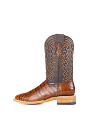 Side view of the Bruce Belly Caiman Cowboy Boots in honey are made of genuine leather with a round toe, a honey color belly caiman print vamp, brown embroidered shaft, and leather sole.