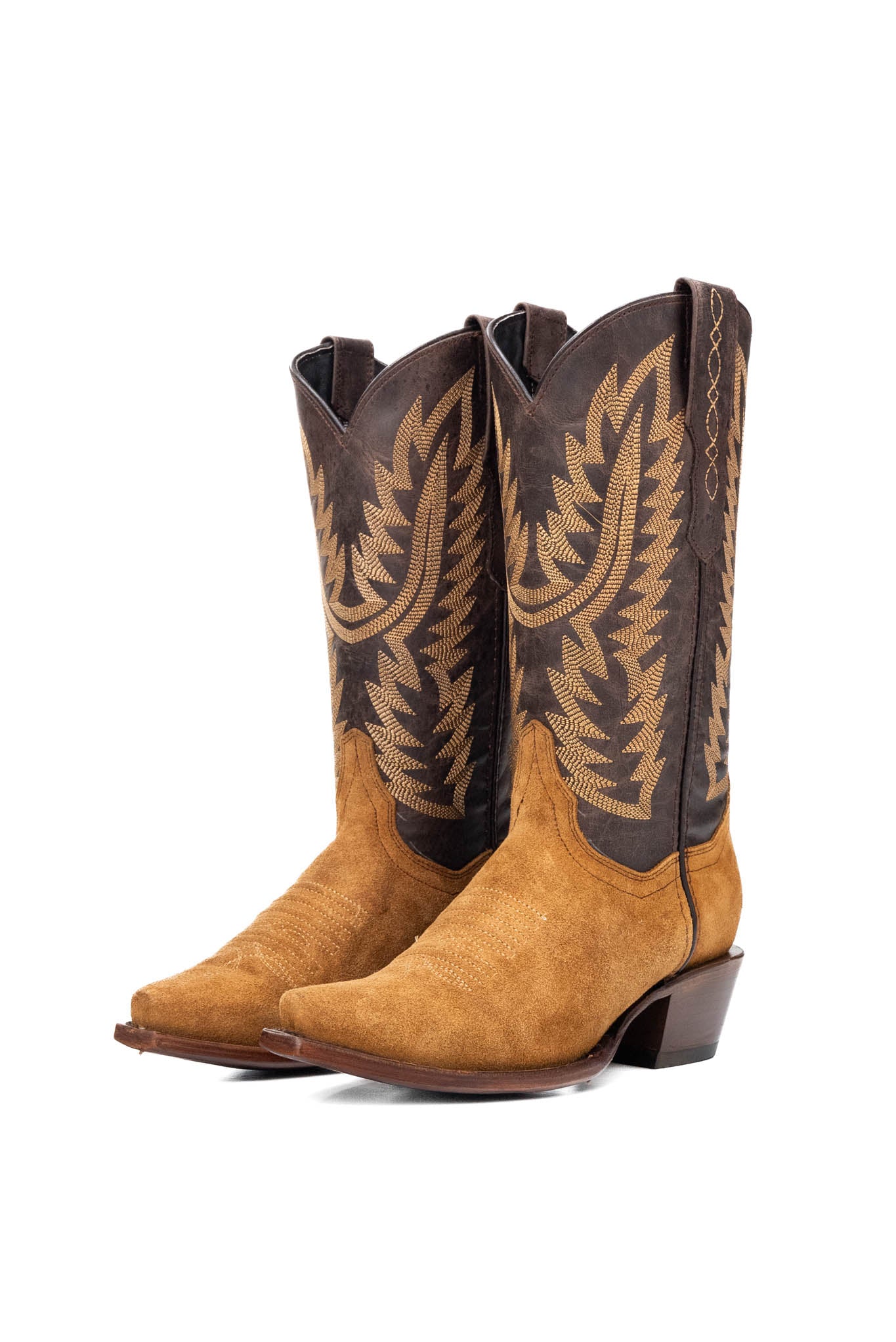 The Helena Roughout Cowgirl Boot are genuine leather, featuring a snip toe, honey suede vamp, brown shaft with tan embroidery, rubber heel, and a leather sole.