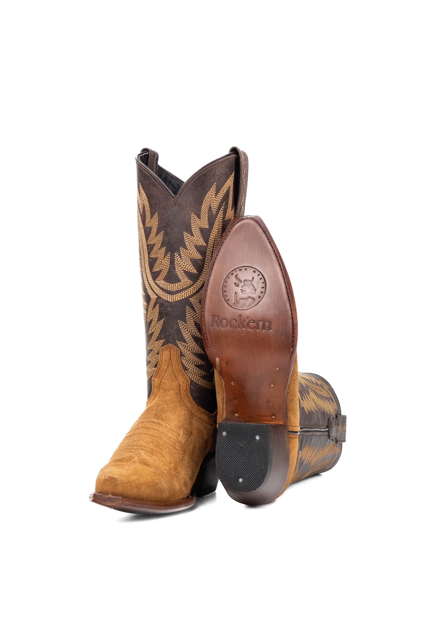 View of the Helena Roughout Cowgirl Boot in genuine leather, featuring a snip toe, honey suede vamp, brown shaft with tan embroidery, rubber heel, and a brown leather sole.