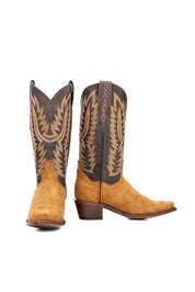 The Helena Roughout Cowgirl Boot are genuine leather, featuring a snip toe, honey suede vamp, brown shaft with tan embroidery, rubber heel, and a leather sole.