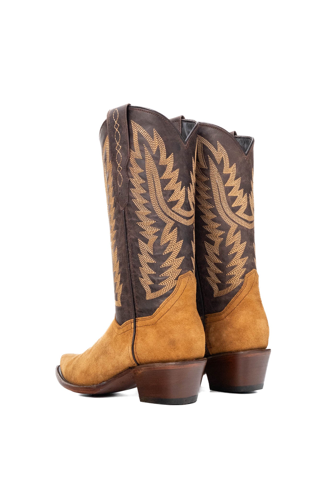 Back view of the Helena Roughout Cowgirl Boot in genuine leather, featuring a snip toe, honey suede vamp, brown shaft with tan embroidery, rubber heel, and a leather sole.