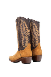 Back view of the Helena Roughout Cowgirl Boot in genuine leather, featuring a snip toe, honey suede vamp, brown shaft with tan embroidery, rubber heel, and a leather sole.