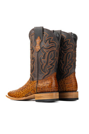 Back view of buttercup Cody Caiman cowboy boots in genuine leather, featuring a square toe, caiman print vamp, buttercup embroidered shaft, and rubber heel.