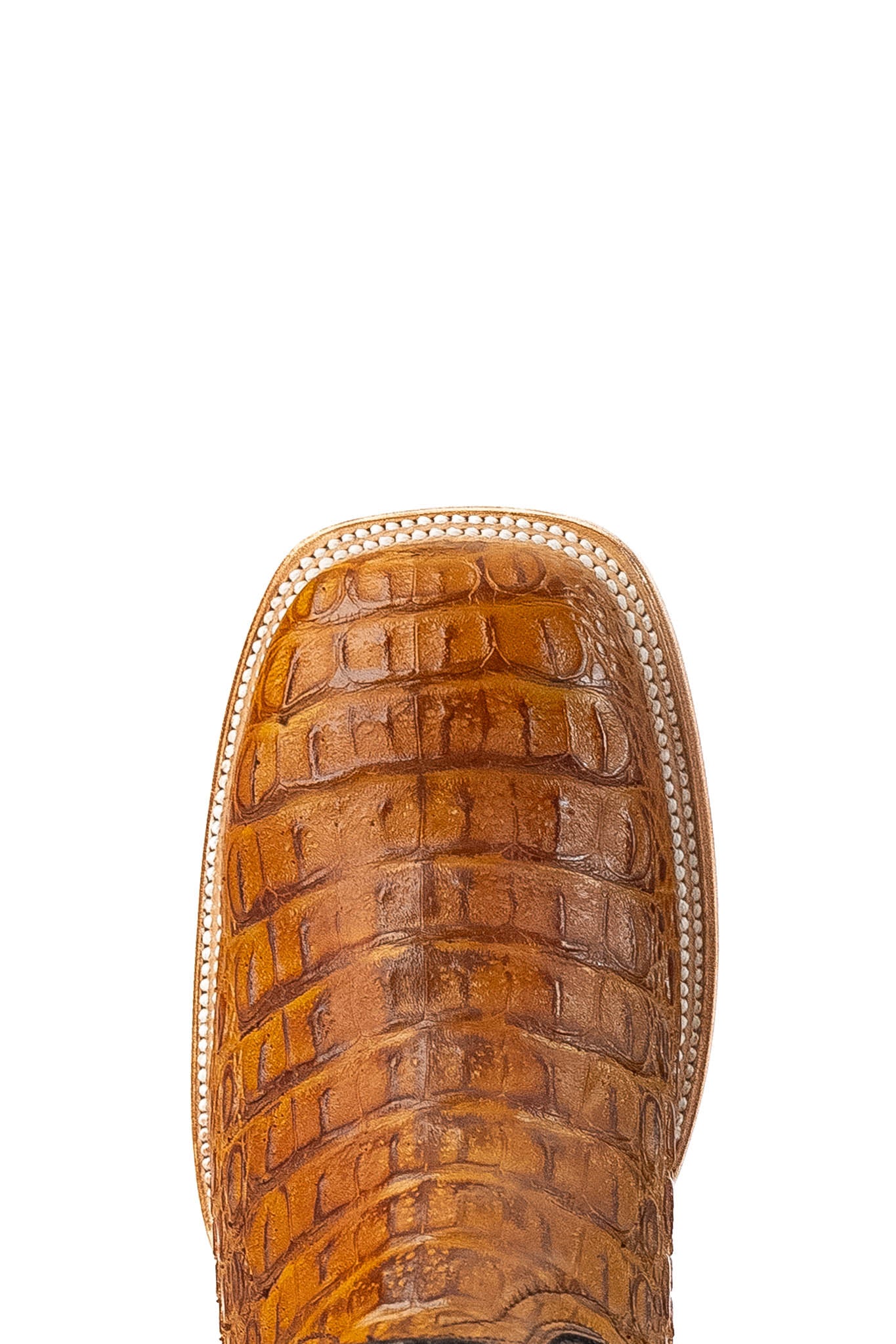 Top-down close-up of buttercup Cody Caiman cowboy boot vamp, showcasing the buttercup and caiman print detail and square toe.