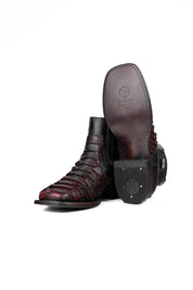 View of the Rock'em clan python boots in blackcherry are genuine leather. Featuring a square toe, black and red python print vamp, rubber heel, and a leather sole.