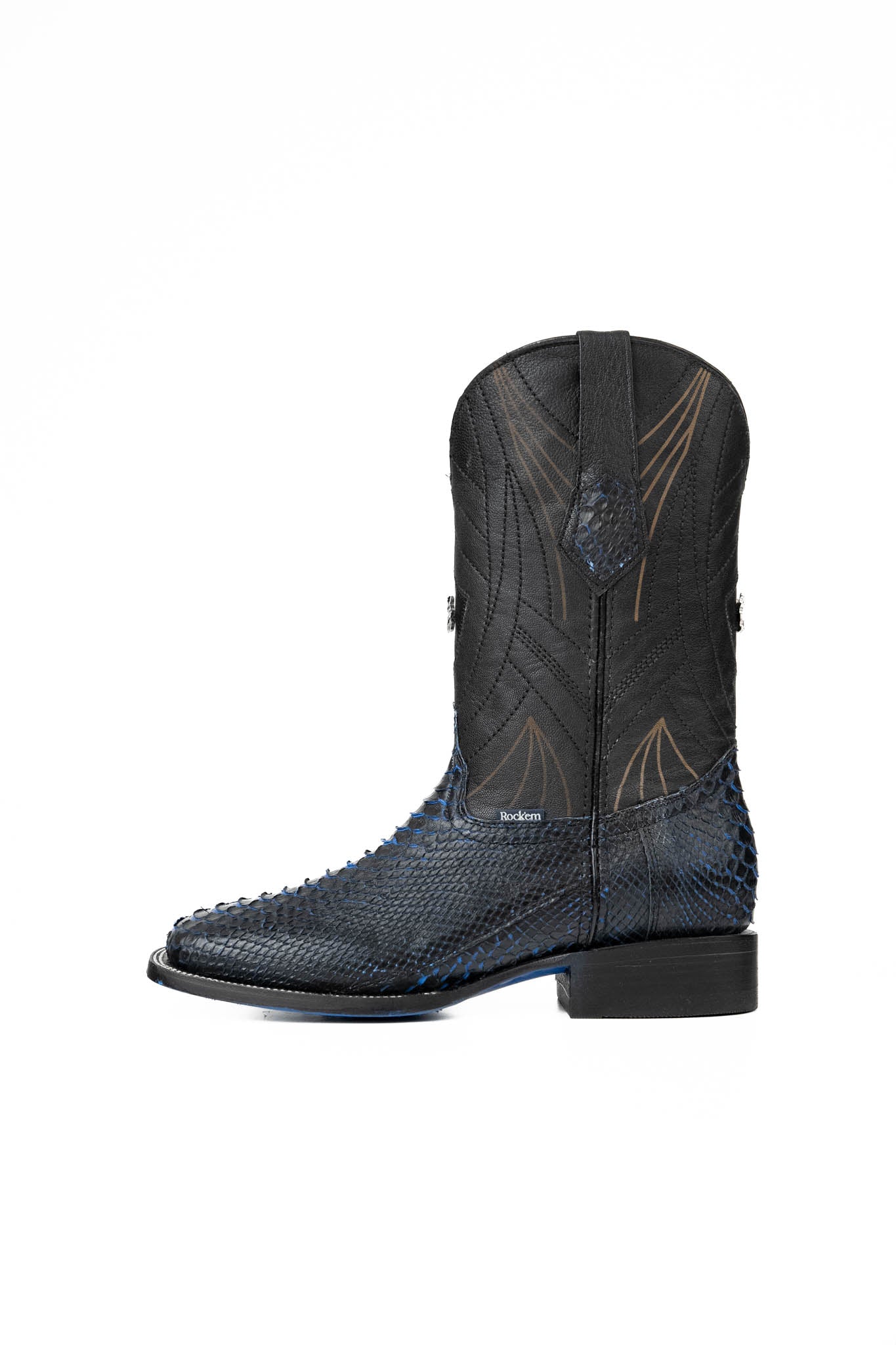 Side of the Python Exotic Cowboy Boots in Blue/Black. Made from genuine leather, blue and black python-print vamp, square toe, and an embroidered shaft. Finished with a durable rubber heel and a blue sole.