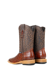 Back view of the Bruce Belly Caiman Cowboy Boots in cognac. Made of genuine leather with a round toe, cognac color belly caiman print vamp, brown embroidered shaft, and leather sole.