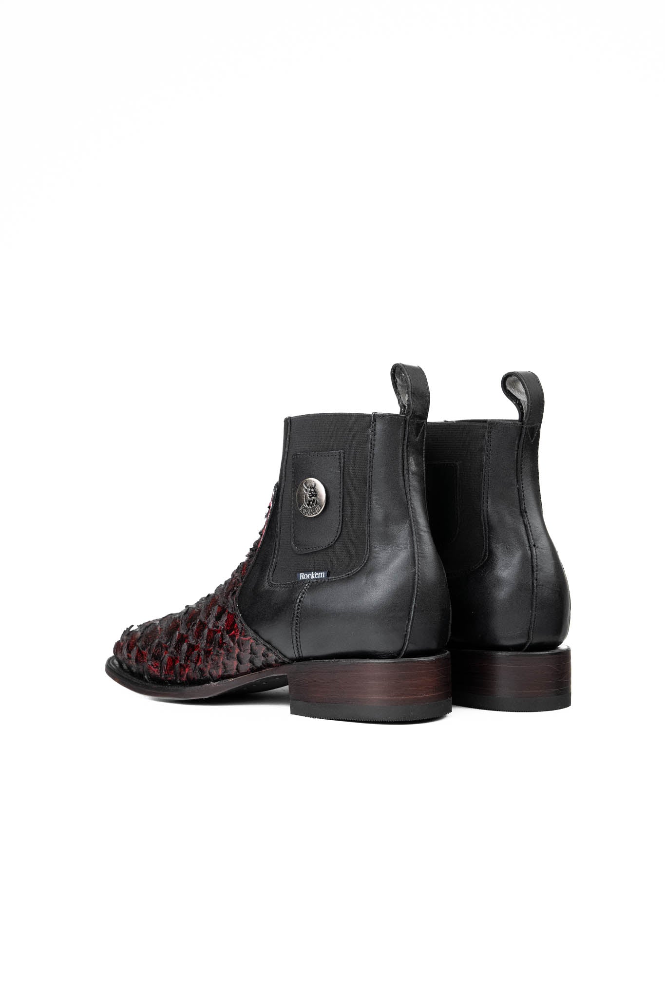Back view of the Rock'em clan python boots in blackcherry are genuine leather. Featuring a square toe, black and red python print vamp, rubber heel, and a leather sole.