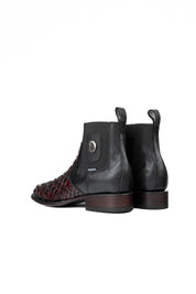 Back view of the Rock'em clan python boots in blackcherry are genuine leather. Featuring a square toe, black and red python print vamp, rubber heel, and a leather sole.