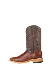 Back view of the Bruce Belly Caiman Cowboy Boots in cognac are made of genuine leather with a round toe, a cognac color belly caiman print vamp, brown embroidered shaft, and leather sole.
