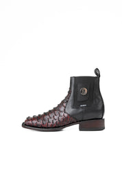 Side view of the Rock'em clan python boots in blackcherry are genuine leather. Featuring a square toe, black and red python print vamp, rubber heel, and a leather sole.