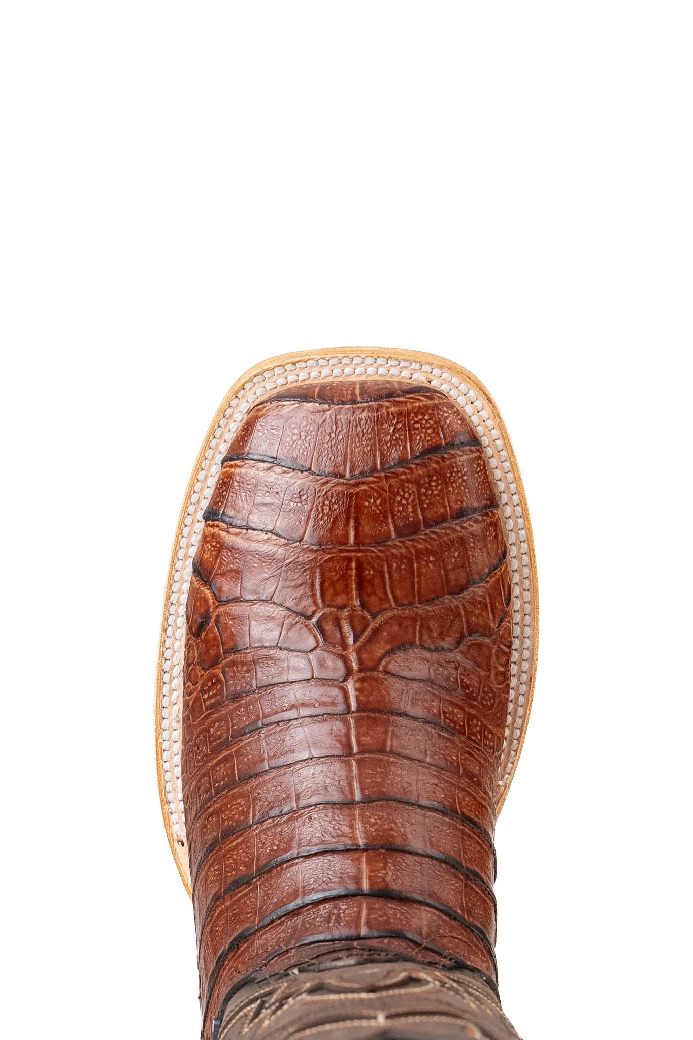 Top-down close-up of the Bruce Belly Caiman cowboy boot vamp in cognac, highlighting the honey bull neck print, double stitching, and round toe shape.