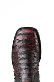 Top-down close-up of Rock'em python cowboy boot in blackcherry showcasing the red and black python print scale vamp, double stitching and square toe.