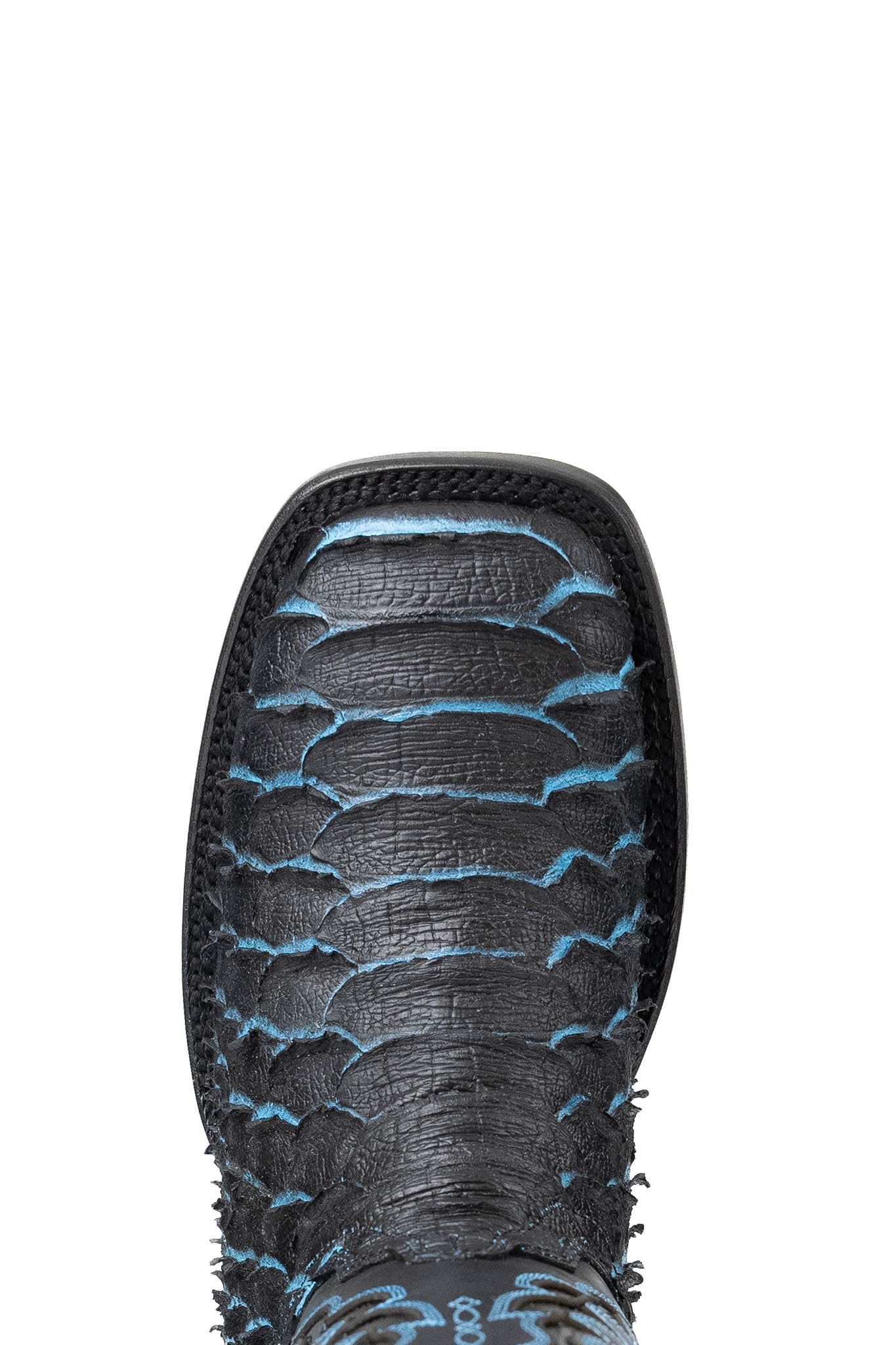 Top-down close-up of black Bruce cowboy boot vamp, showcasing the black blue tone under the python print scale, double stitching and square toe.