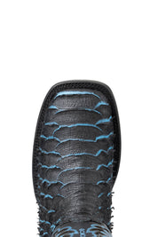 Top-down close-up of black Bruce cowboy boot vamp, showcasing the black blue tone under the python print scale, double stitching and square toe.