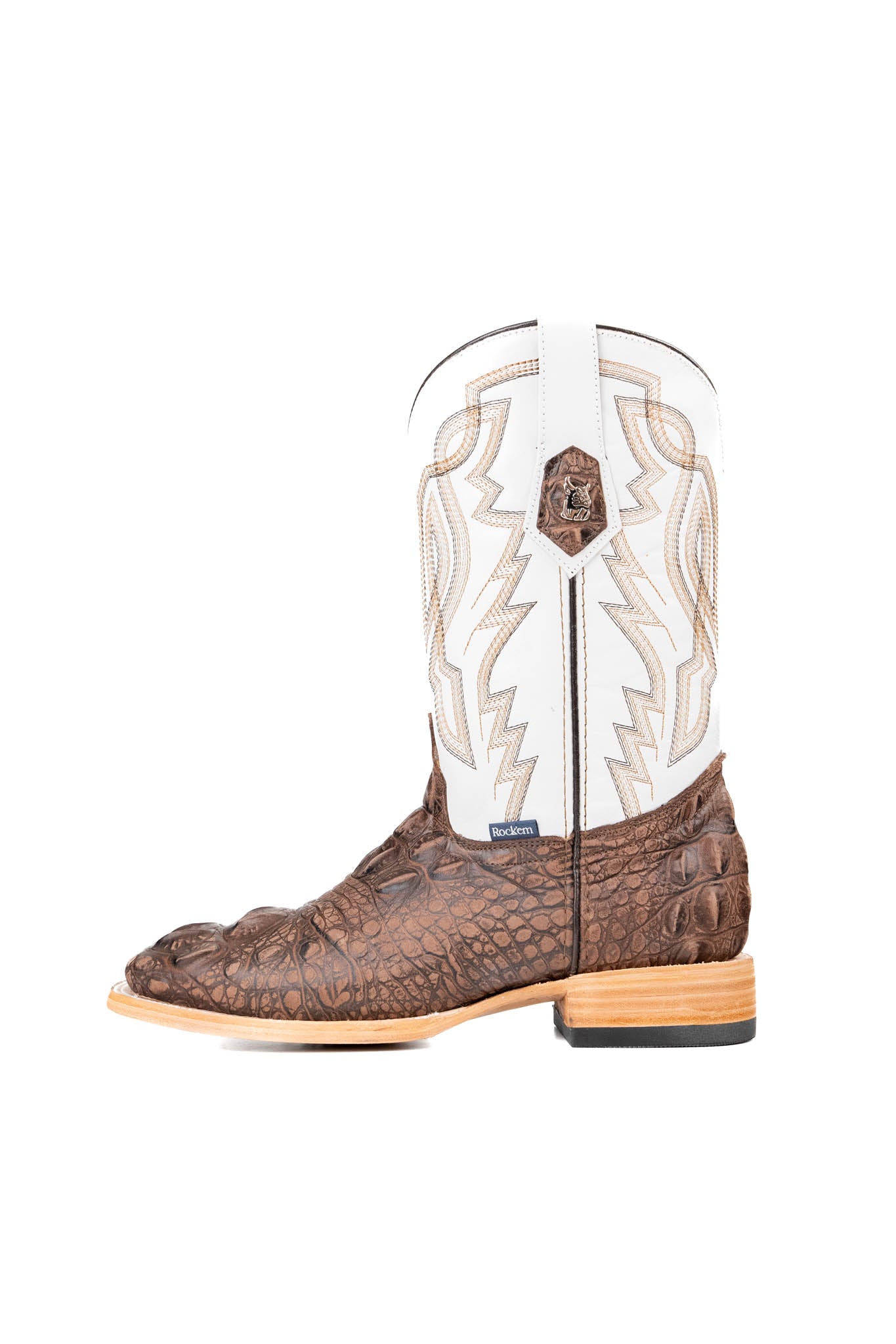 Side view of the Renegate Giant Alligator Cowboy Boot in rustic brown made of genuine leather, featuring a square toe, brown caiman print vamp, white shaft with embroidery, and rubber heel.