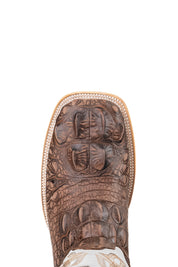 Top-down close-up of Giant Caiman Hornback cowboy boot vamp, highlighting the brown caiman print detail, double stitching and square toe.